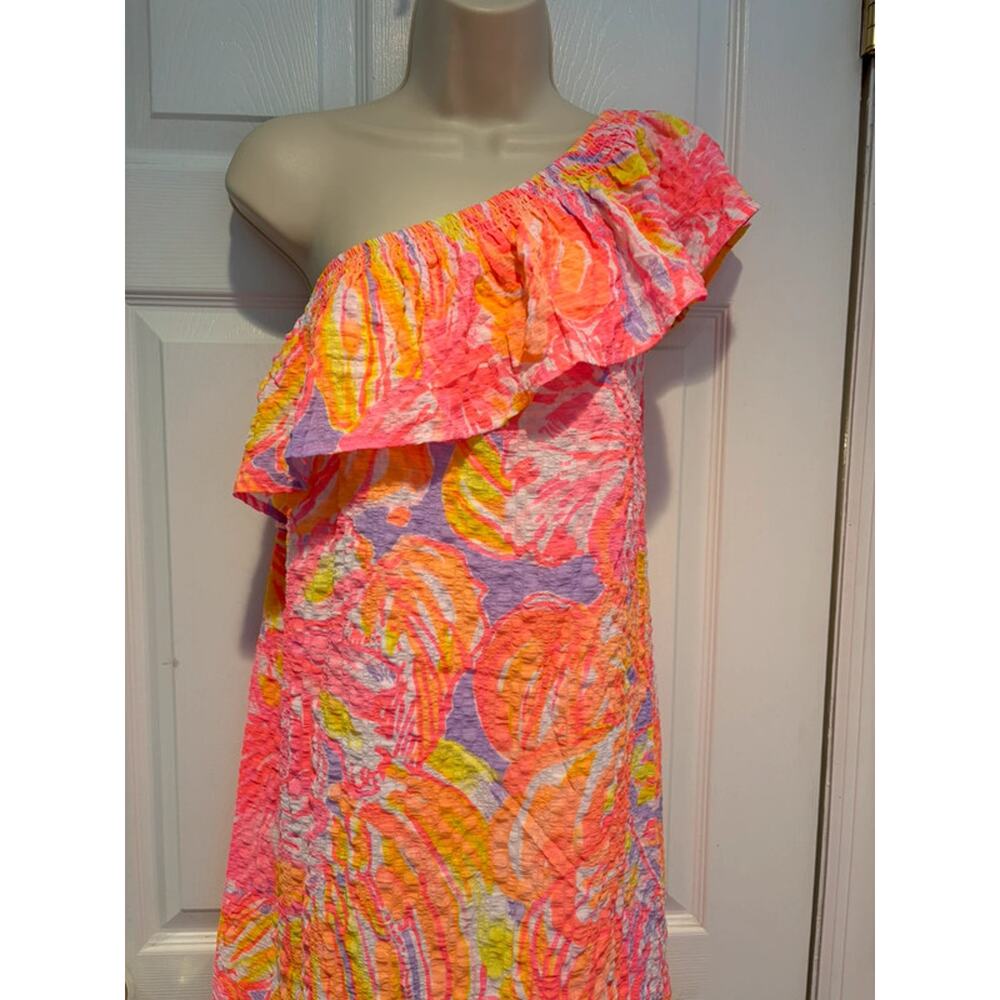 Lilly Pulitzer One Shoulder Ruffle‎ Dress Pink Neon Tropical Shift Small Coastal